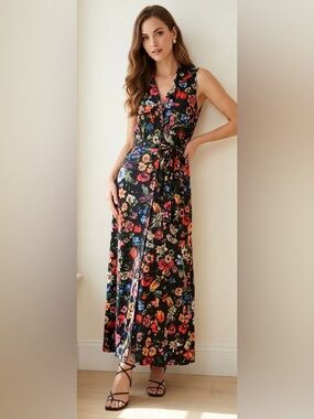 Yumi Kim Black Floral Maxi Wrap Dress with Multicolor Blooms